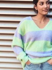 Purple Green Stripe Relaxed Fit Soft Touch V-Neck Knitted Jumper with Wool - Image 1 of 7