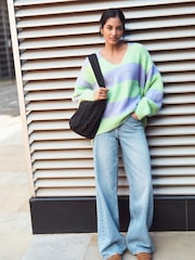 Purple Green Stripe Relaxed Fit Soft Touch V-Neck Knitted Jumper with Wool - Image 2 of 7