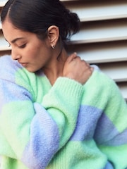 Purple Green Stripe Relaxed Fit Soft Touch V-Neck Knitted Jumper with Wool - Image 4 of 7