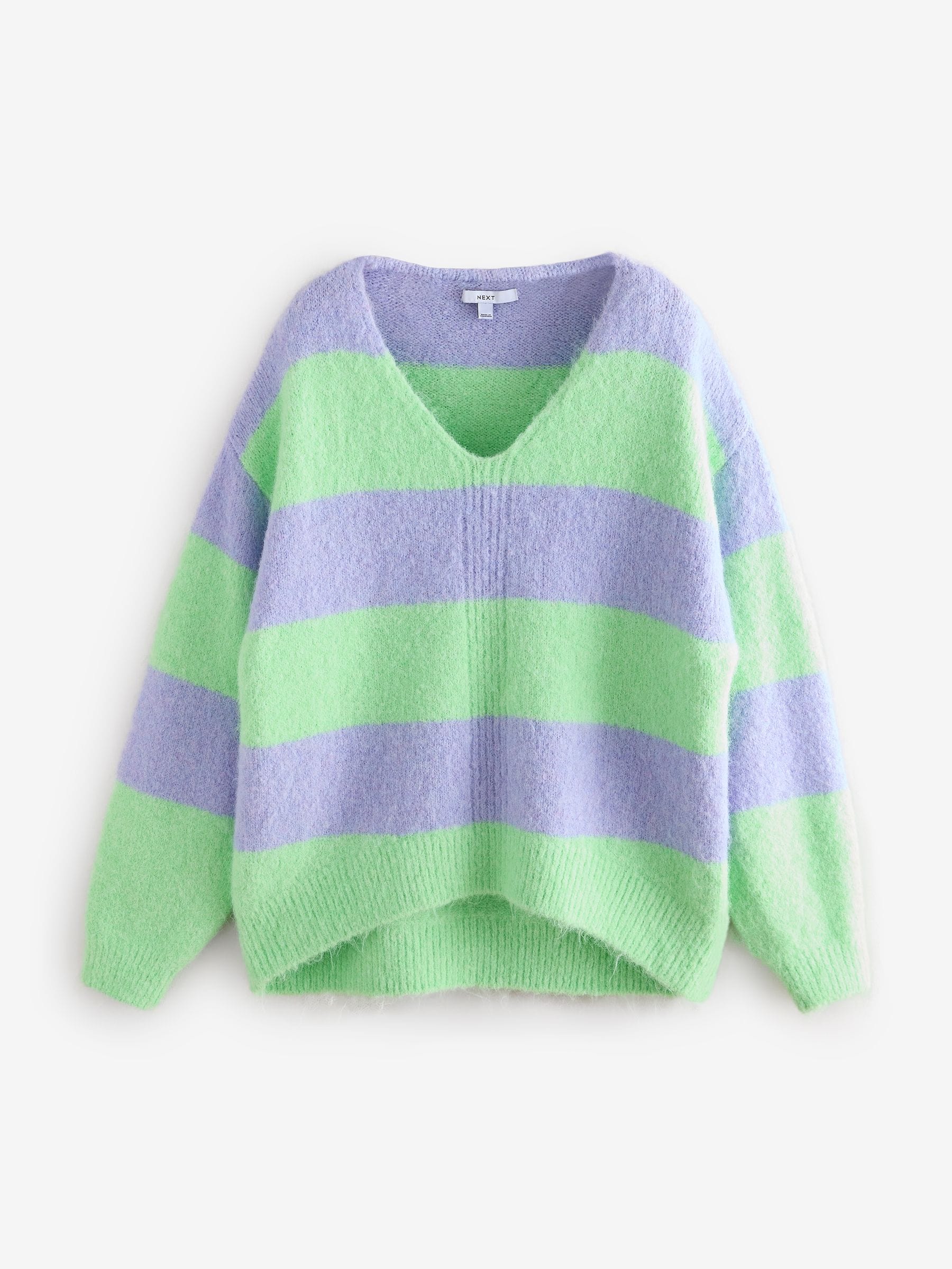 【美品】 Stripe Green Purple Buy Relaxed V-Neck Touch Soft Fit トップス