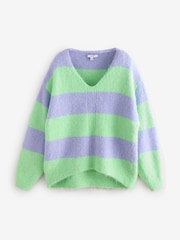 Purple Green Stripe Relaxed Fit Soft Touch V-Neck Knitted Jumper with Wool - Image 5 of 7