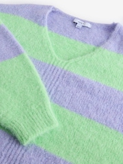 Purple Green Stripe Relaxed Fit Soft Touch V-Neck Knitted Jumper with Wool - Image 6 of 7