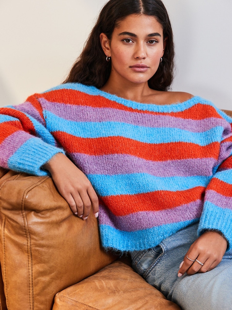 Blue Soft Touch Bardot Off The Shoulder Knitted Jumper with Alpaca - Image 1 of 7