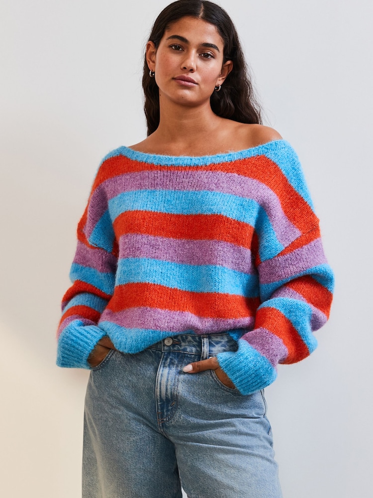 Blue Soft Touch Bardot Off The Shoulder Knitted Jumper with Alpaca - Image 2 of 7