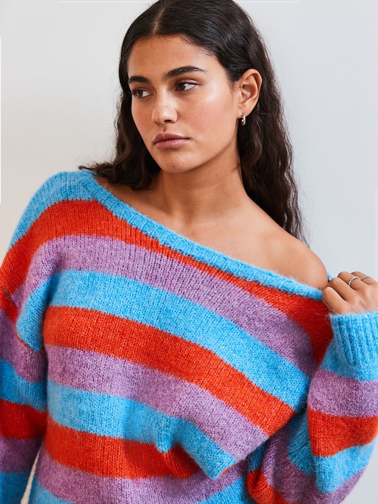 Blue Soft Touch Bardot Off The Shoulder Knitted Jumper with Alpaca - Image 4 of 7