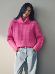 Pink Chunky Rib High Roll Neck Knitted Jumper with Alpaca - Image 1 of 7
