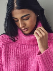 Pink Chunky Rib High Roll Neck Knitted Jumper with Alpaca - Image 2 of 7