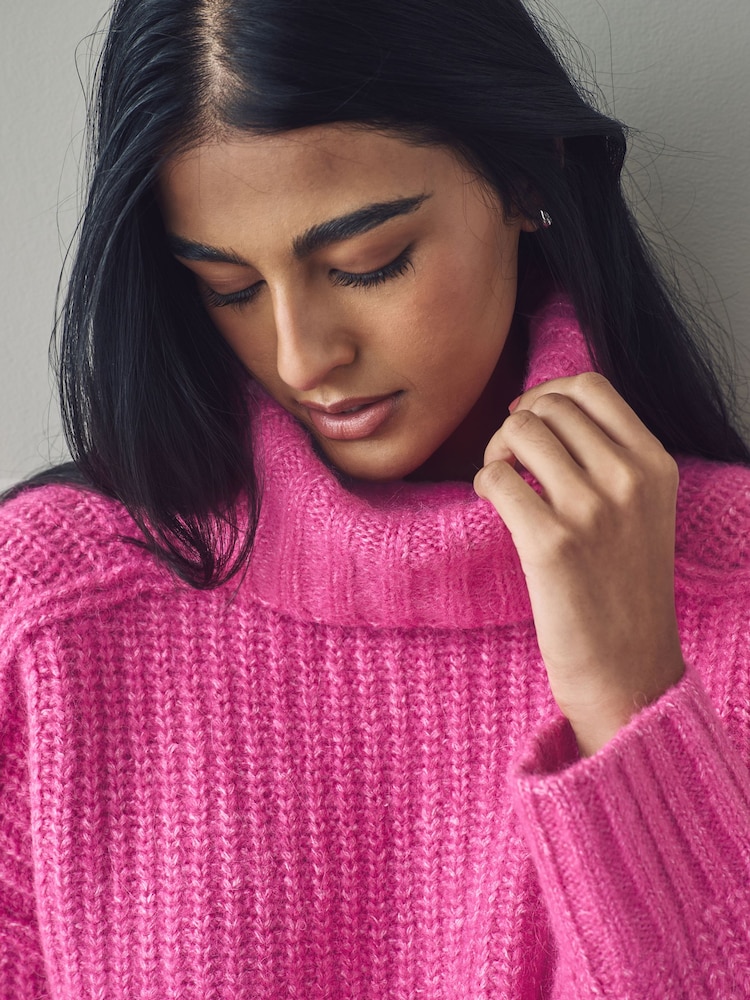 Pink Chunky Rib High Roll Neck Knitted Jumper with Alpaca - Image 2 of 7