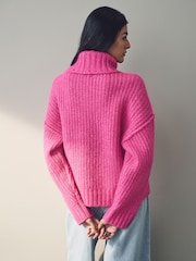 Pink Chunky Rib High Roll Neck Knitted Jumper with Alpaca - Image 4 of 7