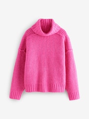Pink Chunky Rib High Roll Neck Knitted Jumper with Alpaca - Image 5 of 7