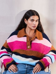 Multi Bright Stripe Collared Polo Knitted Jumper with Wool - Image 1 of 7