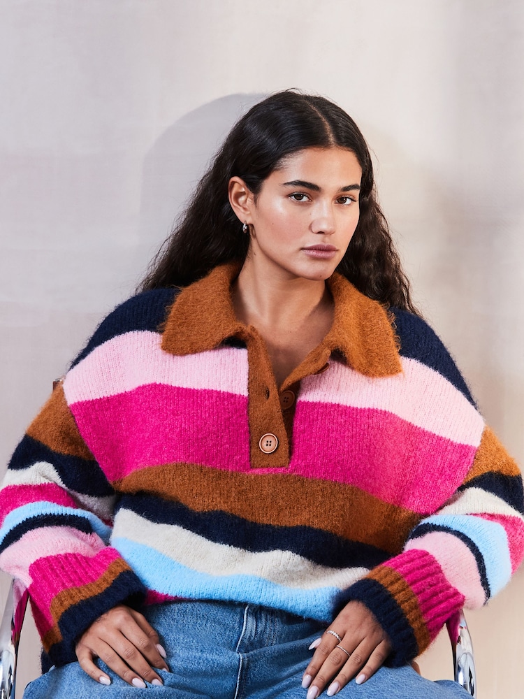 Multi Bright Stripe Collared Polo Knitted Jumper with Wool - Image 1 of 7