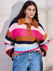 Multi Bright Stripe Collared Polo Knitted Jumper with Wool - Image 2 of 7