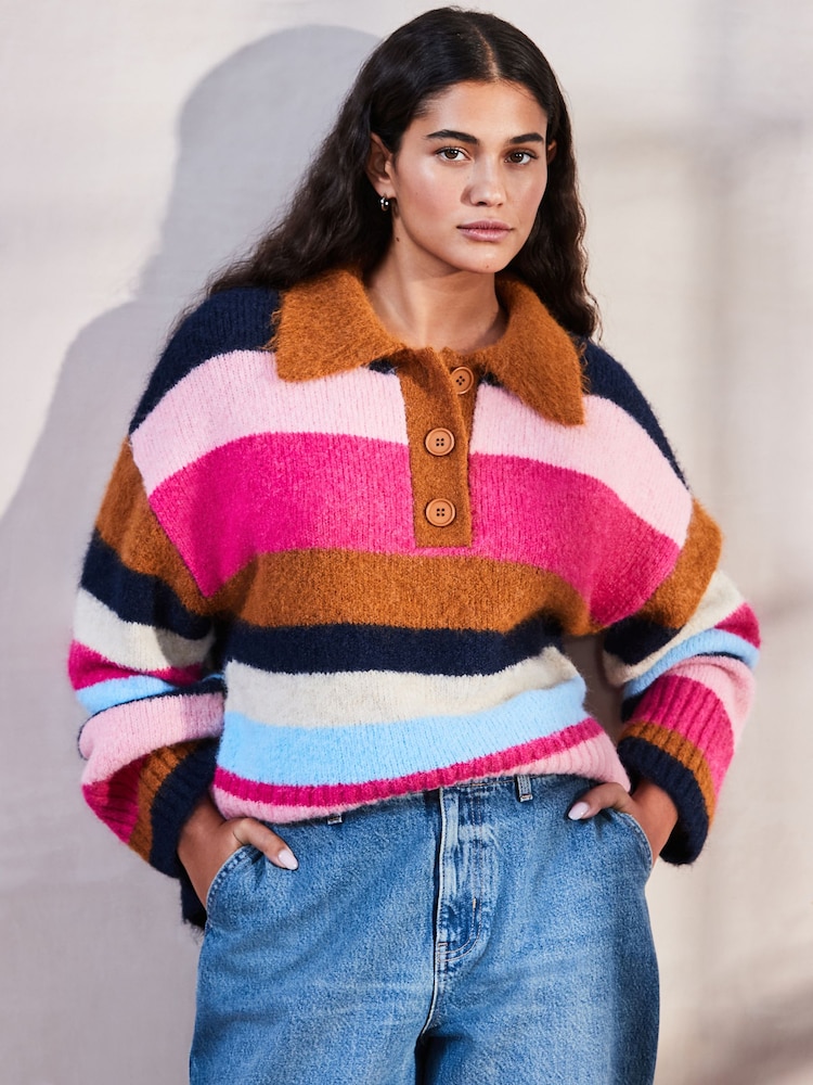 Multi Bright Stripe Collared Polo Knitted Jumper with Wool - Image 2 of 7