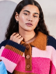 Multi Bright Stripe Collared Polo Knitted Jumper with Wool - Image 4 of 7