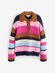 Multi Bright Stripe Collared Polo Knitted Jumper with Wool - Image 5 of 7