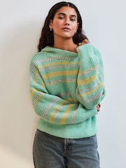 Grün gestreift - Strickpullover mit Kapuze und entspannter Passform - Bild 2 von 7