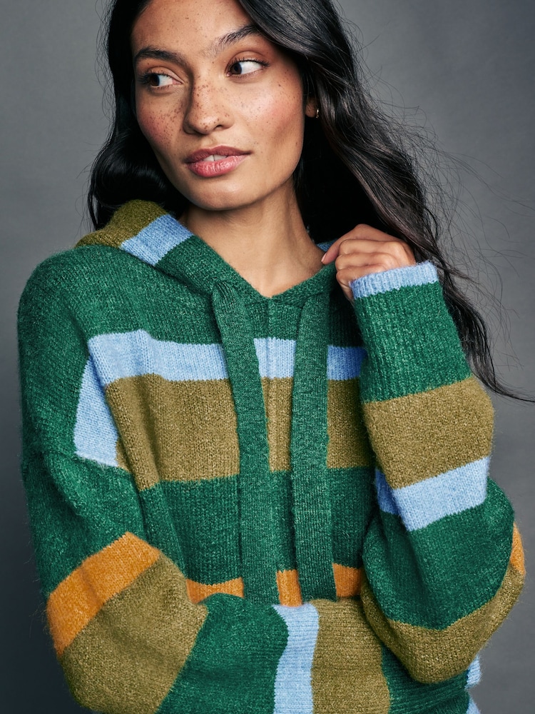 Green Relaxed Fit Oversized Knitted Hoodie Jumper - Image 4 of 9