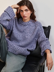 Blue Chambray Chunky Cuff Sleeve Crew Neck Jumper With Wool - Image 1 of 8