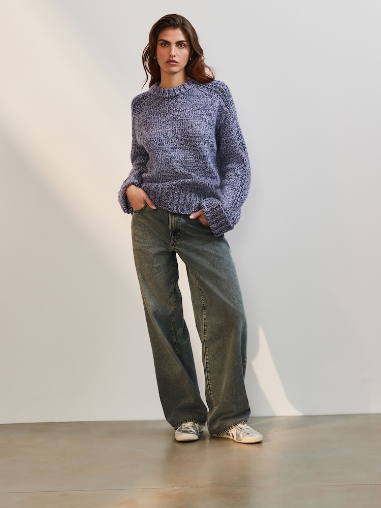 Blue Chambray Chunky Cuff Sleeve Crew Neck Jumper With Wool - Image 2 of 8