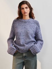 Blue Chambray Chunky Cuff Sleeve Crew Neck Jumper With Wool - Image 3 of 8