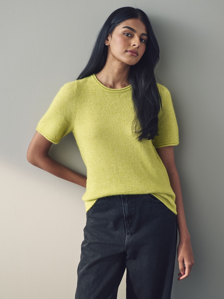 Green Lime Short Sleeve Crew Neck Knitted T-Shirt With Wool - Image 1 of 8
