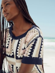 Blue Pattern Short Sleeve Crochet Crew Neck T-Shirt - Image 1 of 7