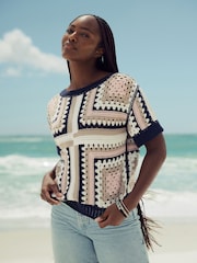 Blue Pattern Short Sleeve Crochet Crew Neck T-Shirt - Image 2 of 7