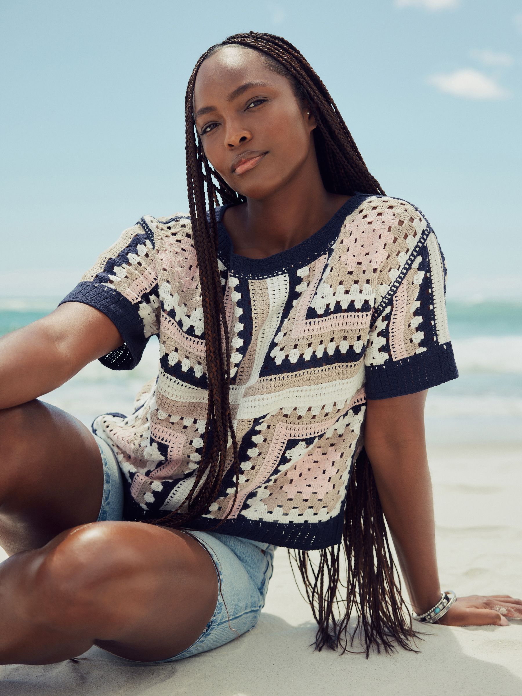 Buy Blue Pattern Short Sleeve Crochet Crew Neck T-Shirt from