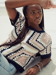 Blue Pattern Short Sleeve Crochet Crew Neck T-Shirt - Image 5 of 7
