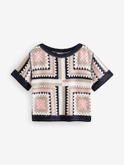 Blue Pattern Short Sleeve Crochet Crew Neck T-Shirt - Image 6 of 7