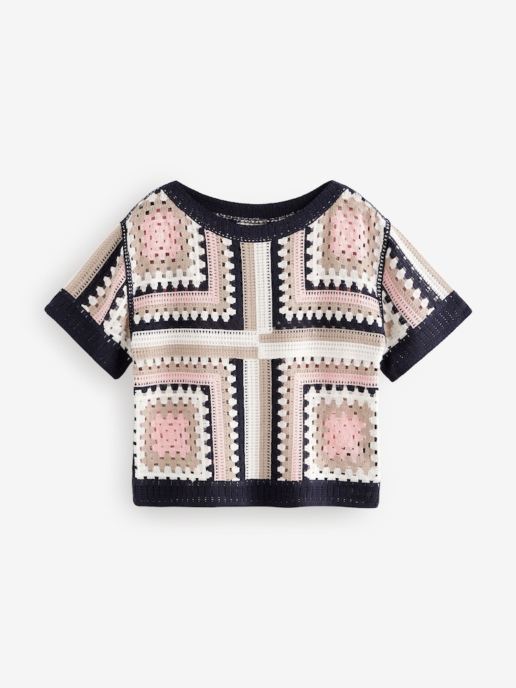 Blue Pattern Short Sleeve Crochet Crew Neck T-Shirt - Image 6 of 7