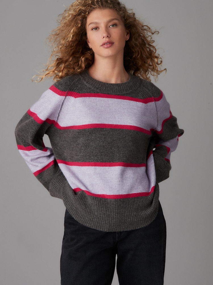 Purple Stripe Seam Detail Crew Neck Jumper With Wool - Image 1 of 7