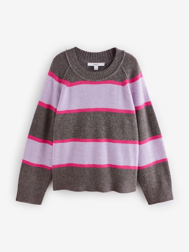 Purple Stripe Seam Detail Crew Neck Jumper With Wool - Image 5 of 7