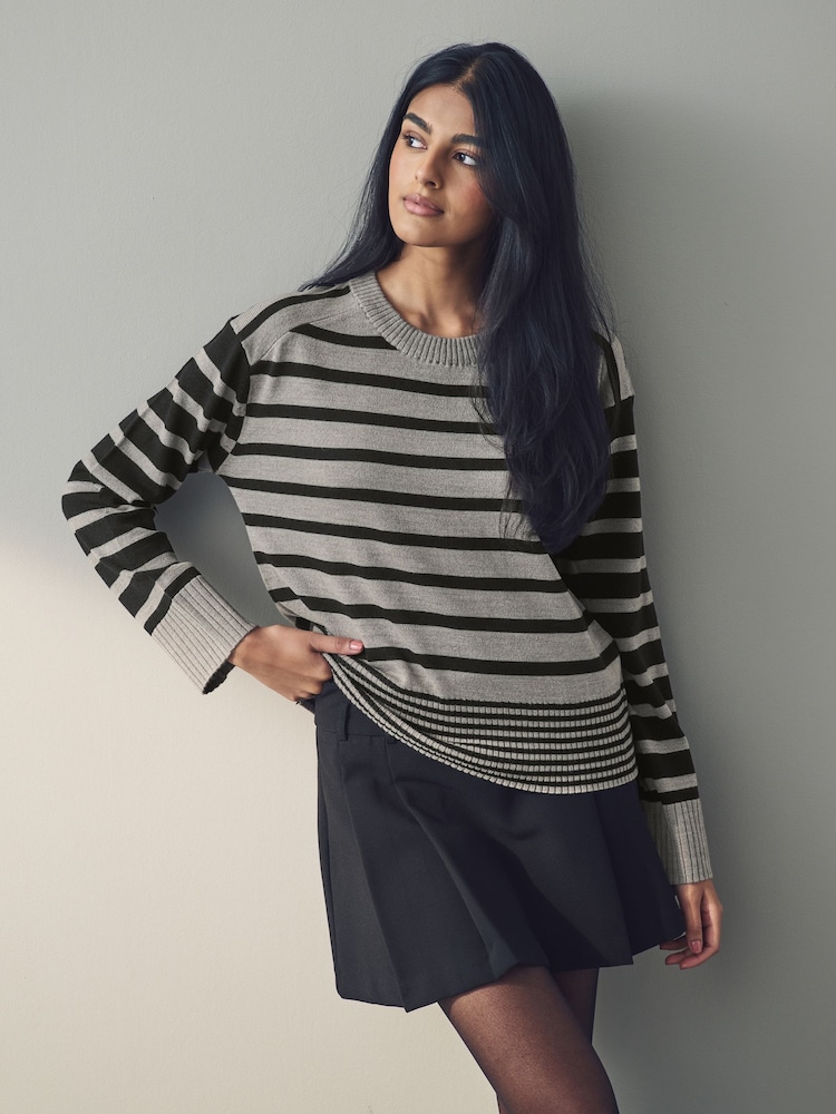 Black Grey Stripe Soft Touch Pattern Knitted Cosy Crew Neck Jumper - Image 1 of 9