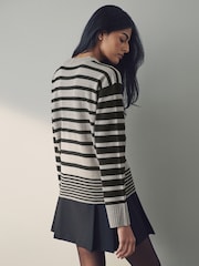 Black Grey Stripe Soft Touch Pattern Knitted Cosy Crew Neck Jumper - Image 3 of 9