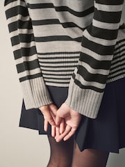 Black Grey Stripe Soft Touch Pattern Knitted Cosy Crew Neck Jumper - Image 4 of 9