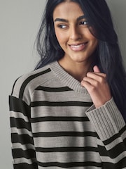 Black Grey Stripe Soft Touch Pattern Knitted Cosy Crew Neck Jumper - Image 5 of 9