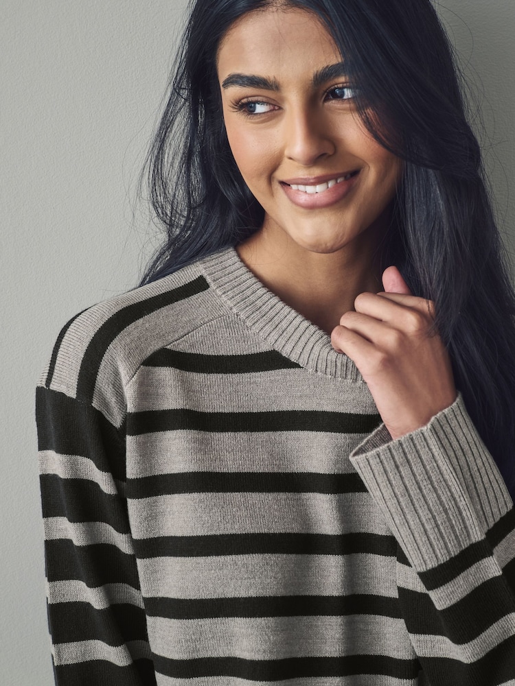 Black Grey Stripe Soft Touch Pattern Knitted Cosy Crew Neck Jumper - Image 5 of 9