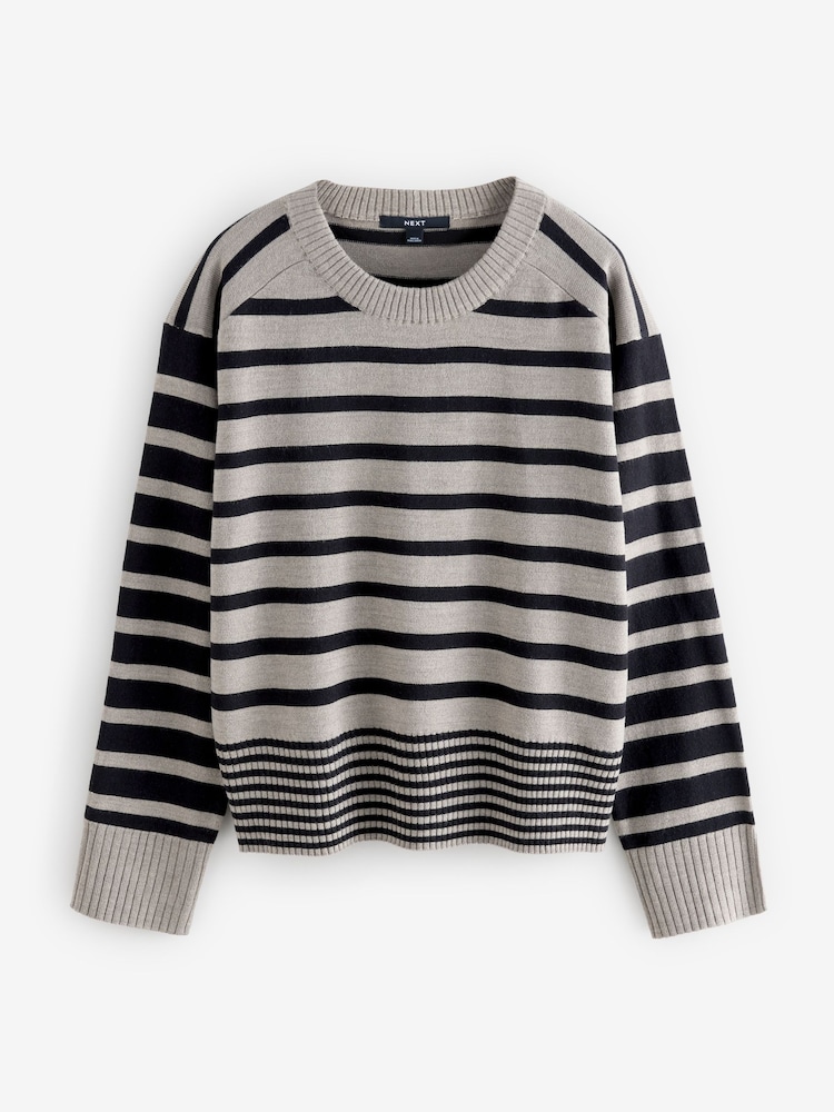 Black Grey Stripe Soft Touch Pattern Knitted Cosy Crew Neck Jumper - Image 6 of 9
