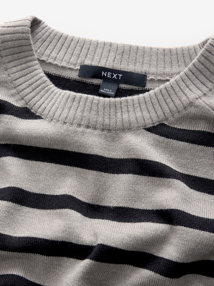 Black Grey Stripe Soft Touch Pattern Knitted Cosy Crew Neck Jumper - Image 7 of 9