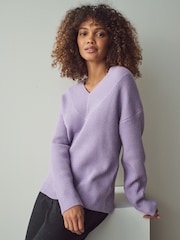 Purple Lilac Relaxed Fit Ribbed V-Neck Knitted Jumper - Image 1 of 7
