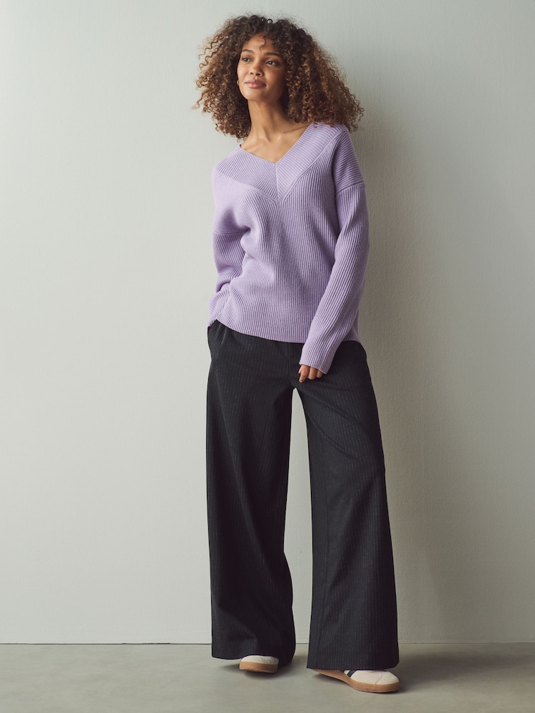 Purple Lilac Relaxed Fit Ribbed V-Neck Knitted Jumper - Image 2 of 7