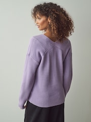 Purple Lilac Relaxed Fit Ribbed V-Neck Knitted Jumper - Image 3 of 7