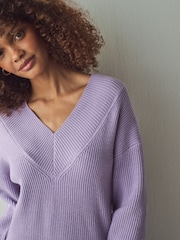 Purple Lilac Relaxed Fit Ribbed V-Neck Knitted Jumper - Image 4 of 7