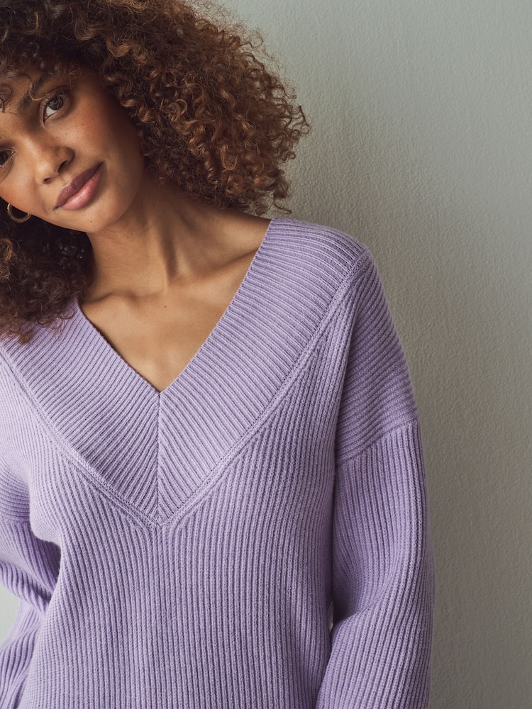 Purple Lilac Relaxed Fit Ribbed V-Neck Knitted Jumper - Image 4 of 7