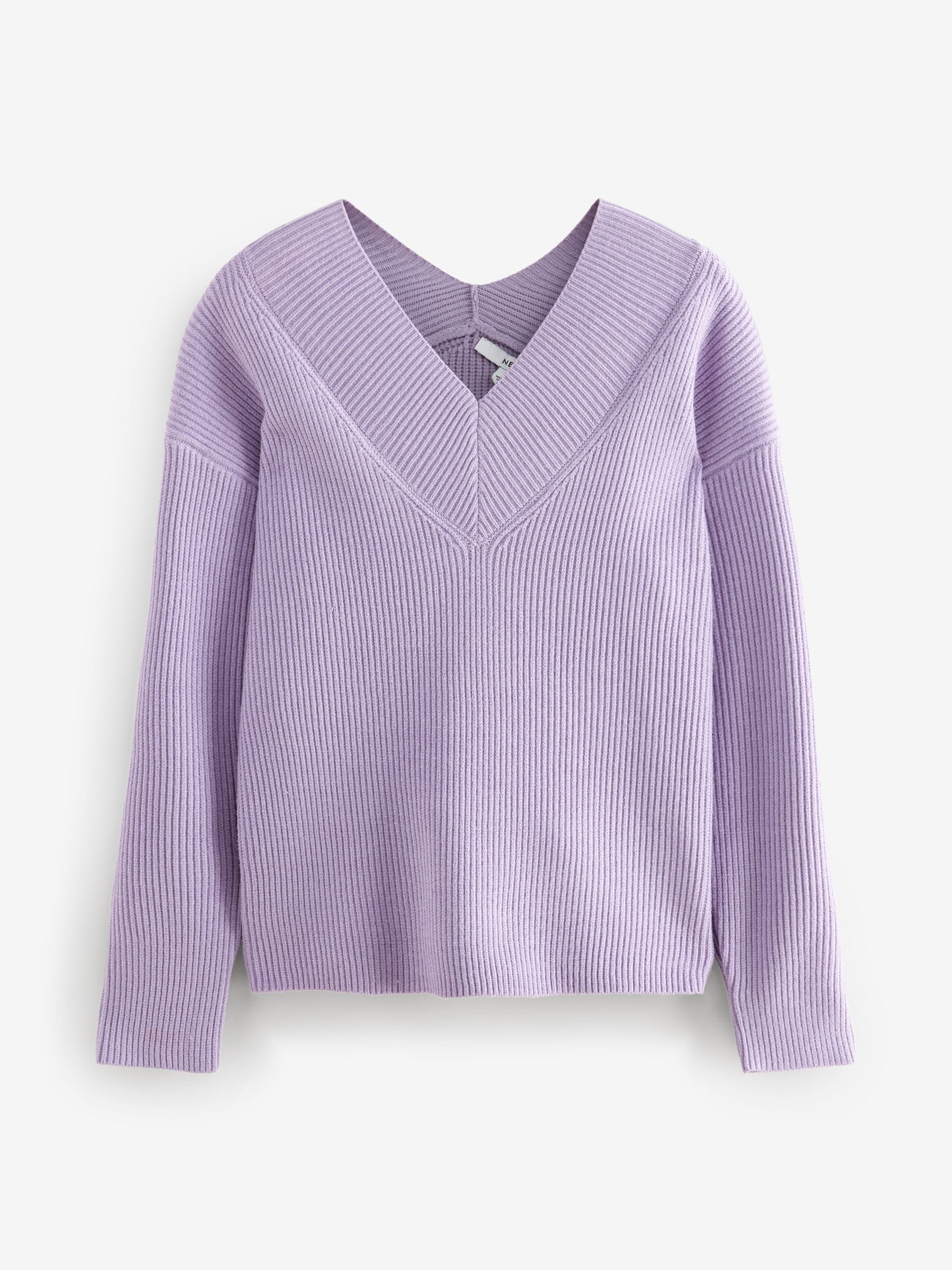 Buy Purple Lilac Relaxed Fit Ribbed V-Neck Knitted Jumper