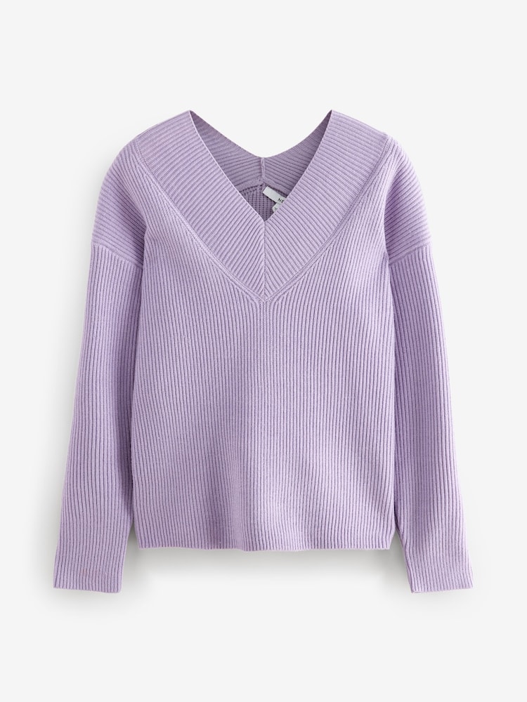 Purple Lilac Relaxed Fit Ribbed V-Neck Knitted Jumper - Image 5 of 7