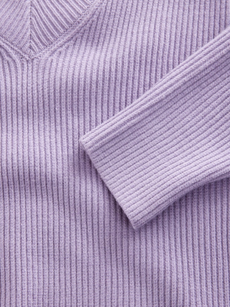 Purple Lilac Relaxed Fit Ribbed V-Neck Knitted Jumper - Image 6 of 7