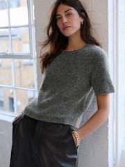 Grey Charcoal Short Sleeve Crew Neck Knitted T-Shirt With Wool - Image 3 of 7